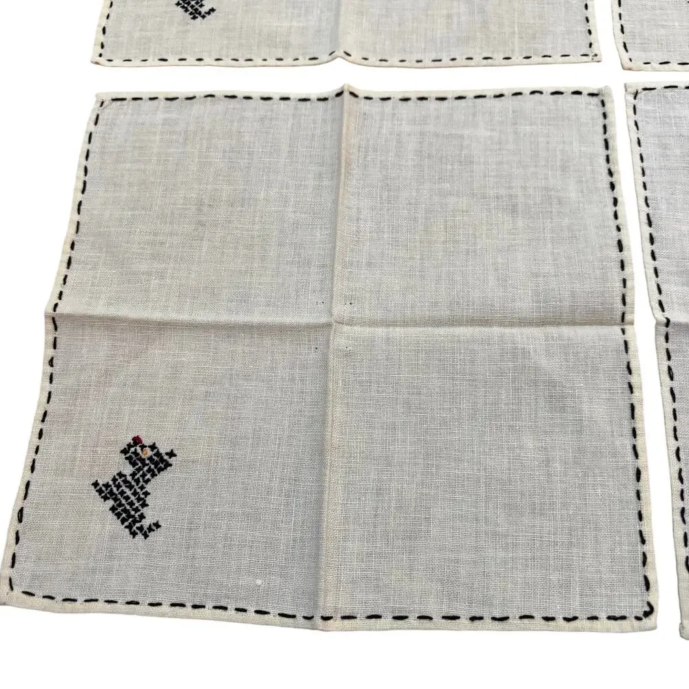 Cocktail napkins (4) YELLOW cotton hand embroidery black Scottish Terriers